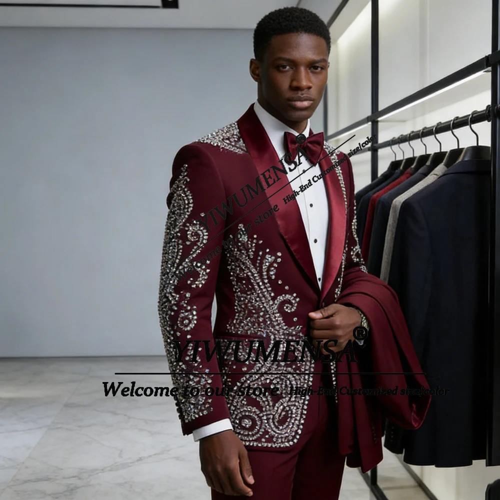 

Luxury Gemstones Beaded Suits Men 2 Pieces Satin Shawl Label Prom Blazers Customized Groom Wedding Tuxedos Slim Fit Man Attire