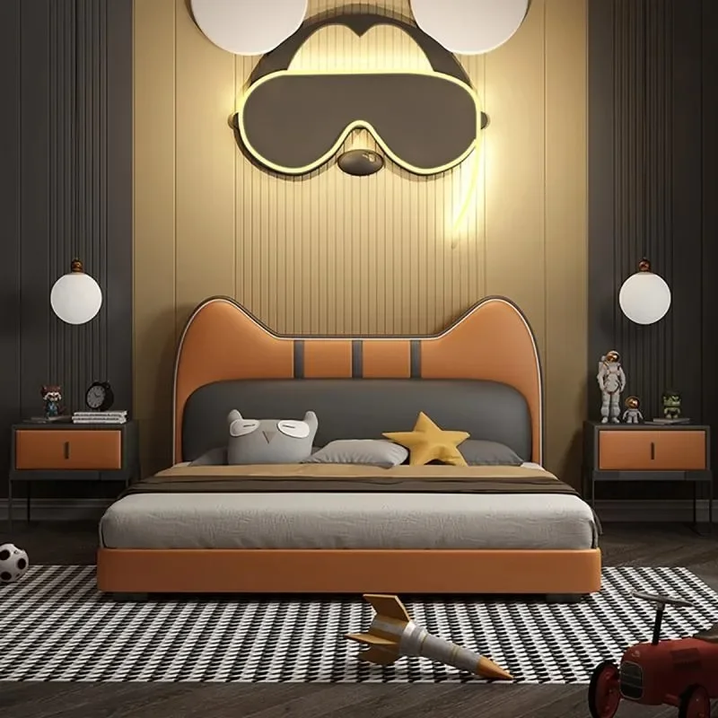 

ABCLight Luxury Creative Cute Cat Ear Leather Bed Modern Simple Boy Single Double Solid Wood Student Teen Child Bed