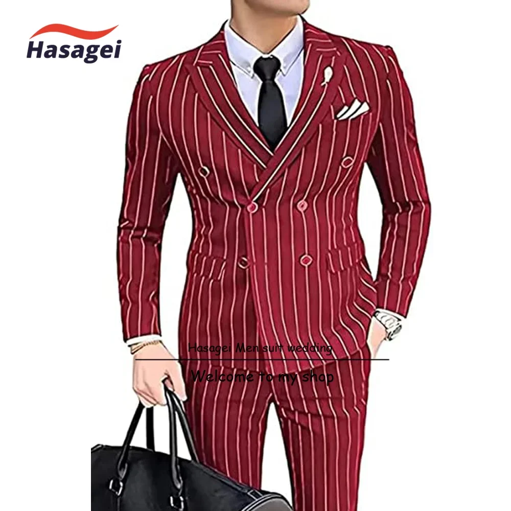 Men\'s 2 Piece Slim Fit Pinstripe Suit Set Formal Business Blazer Jacket Pants Wedding Dress Tuxedo