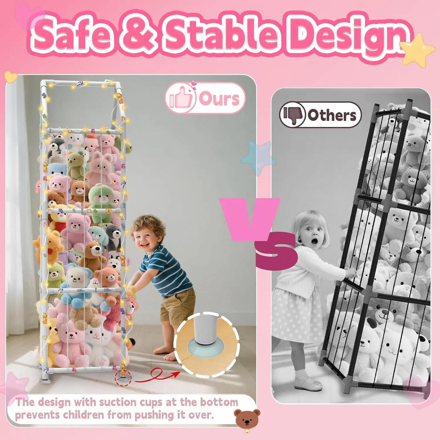 Stuffed Animal Storage with Suction Cups, ABS Plush Toy Organizer for Kids Bedroom, White view 4