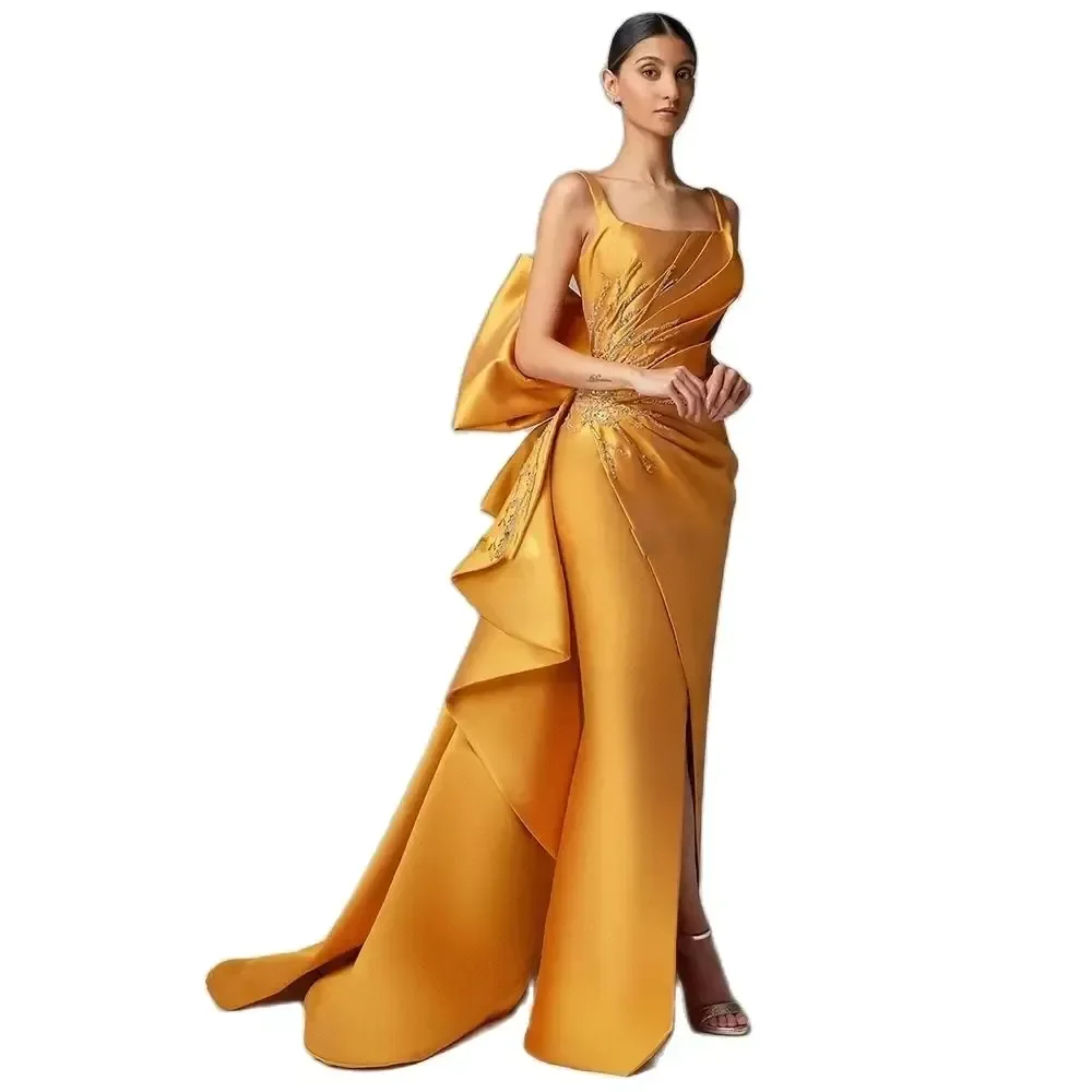 Gold Evening Celebrity Dress Square Neck Overskirt Satin Pleats Backless Big Bow Mermaid Prom Formal Gowns Robe De Soiree