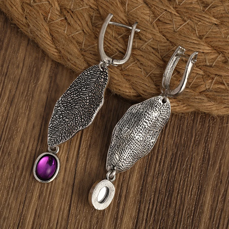 Wholesale Amethyst Drop Earrings for Women Vintage Ethnic Style Ear Jewelry 925 Silver Needle Earrings Gift