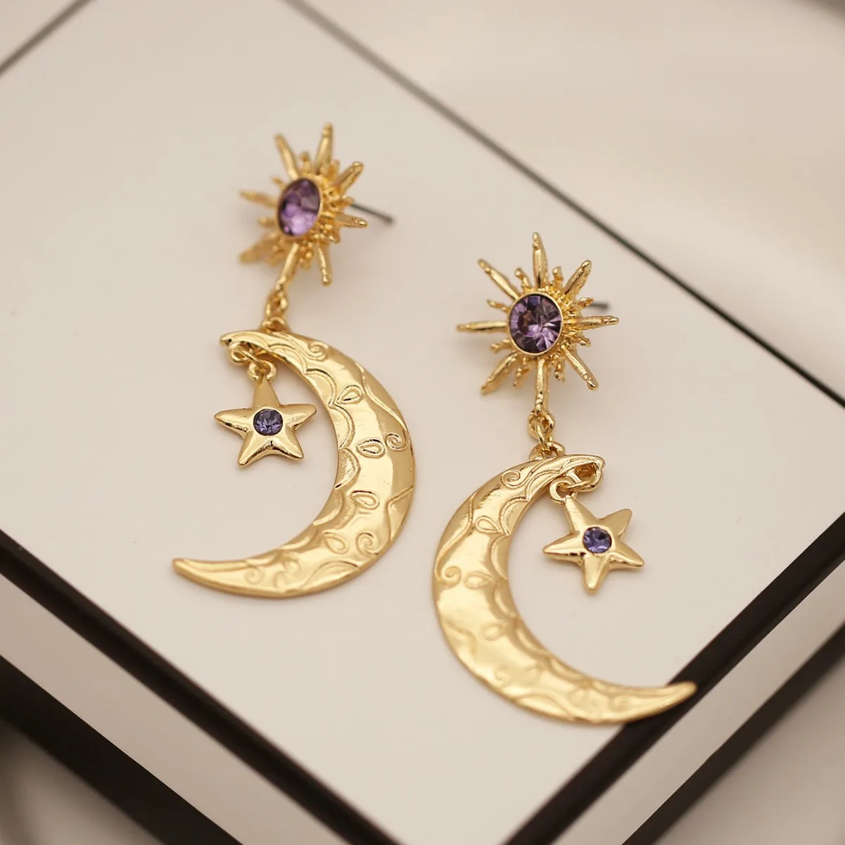 New European American Moon Earrings Women Fashionable Temperament Purple Zircon Star Design High-End Feeling Light Luxury