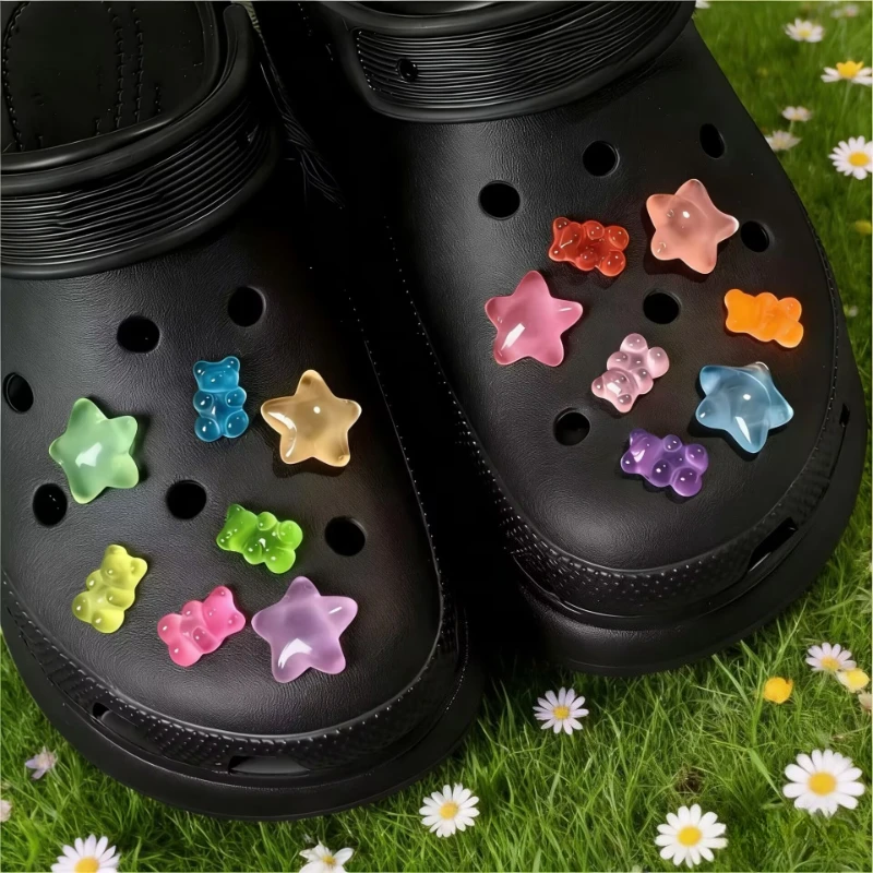 14pcs Kids Glow-in-the-Dark Star & Bear Shoe Charms DIY Hole Shoe Buckles Fun Party Accessory Set for Girls Easy Install