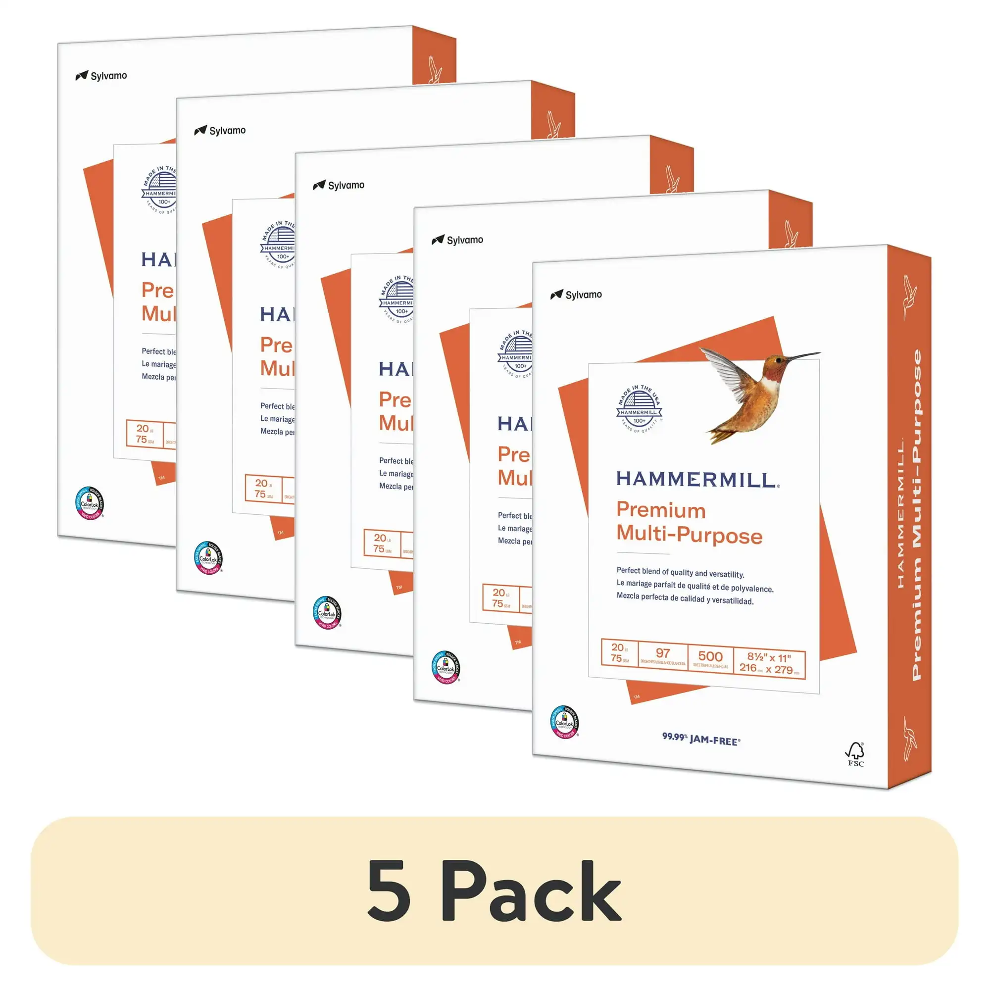 

(5 pack) Hammermill Premium Multi-Purpose Paper, White, 20lb, 8.5x11, 1 Ream (500 Sheets), New