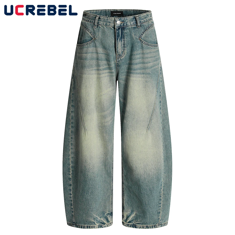 

Washed Distressed Spliced Jeans Mens Retro High Street Loose Wide Leg Pocket Denim Banana Pants Men