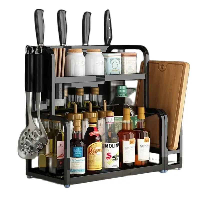 

~Kitchen Rack Black Stainless Steel Knife Holder Household Multifunctional Accessory Seasoning Seasoning Rack Storage