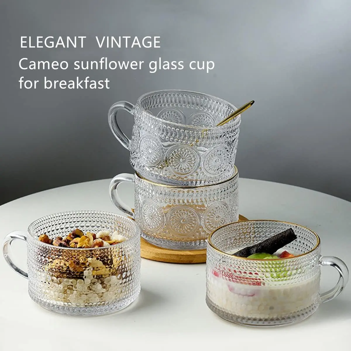Vintage Glass Coffee Mugs, Breakfast Cup, Sunflower Wooden Lid Spoon, Overnight Oatmeal Cup, Large 450ml