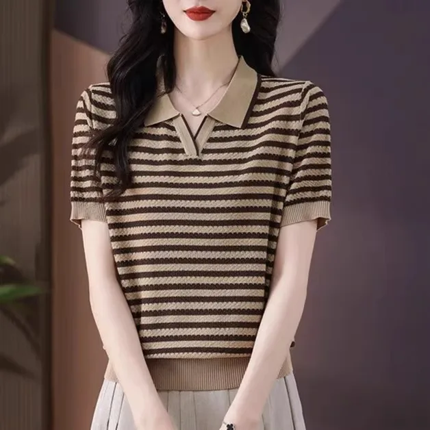 

Летний ирт Ice Silk ort Sve T Sweat-ng Корейский свободный крой с вязаным дизайном в полоску Удобный универсальный топ