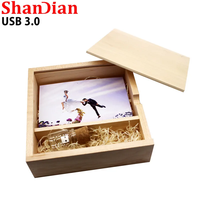 

SHANDIAN 180*180*60mm (Free logo or words names engraving)Wooden Photo Album Box USB3.0 Pendrive DIY Engraved Logo Wedding Memor