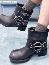 2024 New Fashion Boots for Women Metal Buckle Retro High Heel Short Boots Black/brown Thick Heel Platform Punk Motorcycle Boots