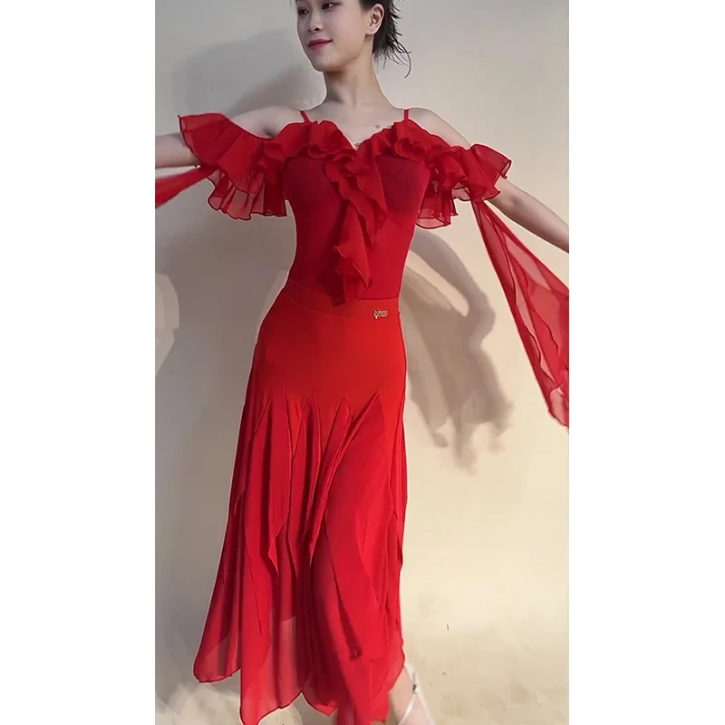 Red Ballroom Dance Clothes Off Shoulder Ruffled Tops Long Skirt Waltz Dance Dress Performance Costume Latin Competition Dress - Image 3