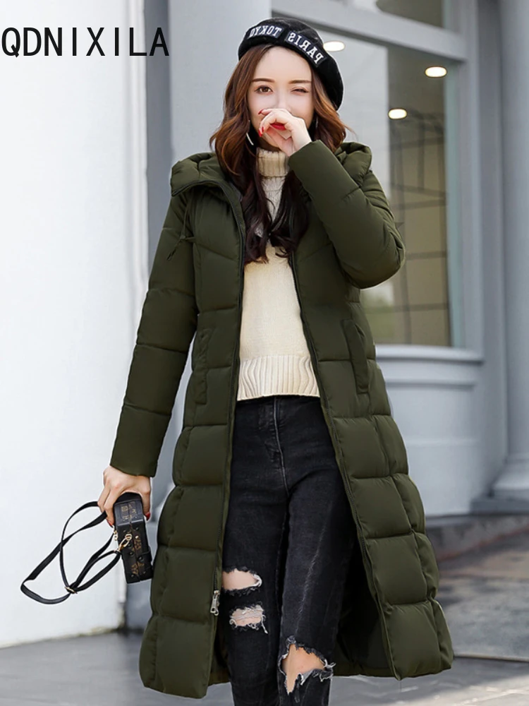 Jacket Women Korean Long Over-the-knee Hooded Cotton-padded Clothes Jacket Fashion Casual New Winter Khaki Coat Women 2024