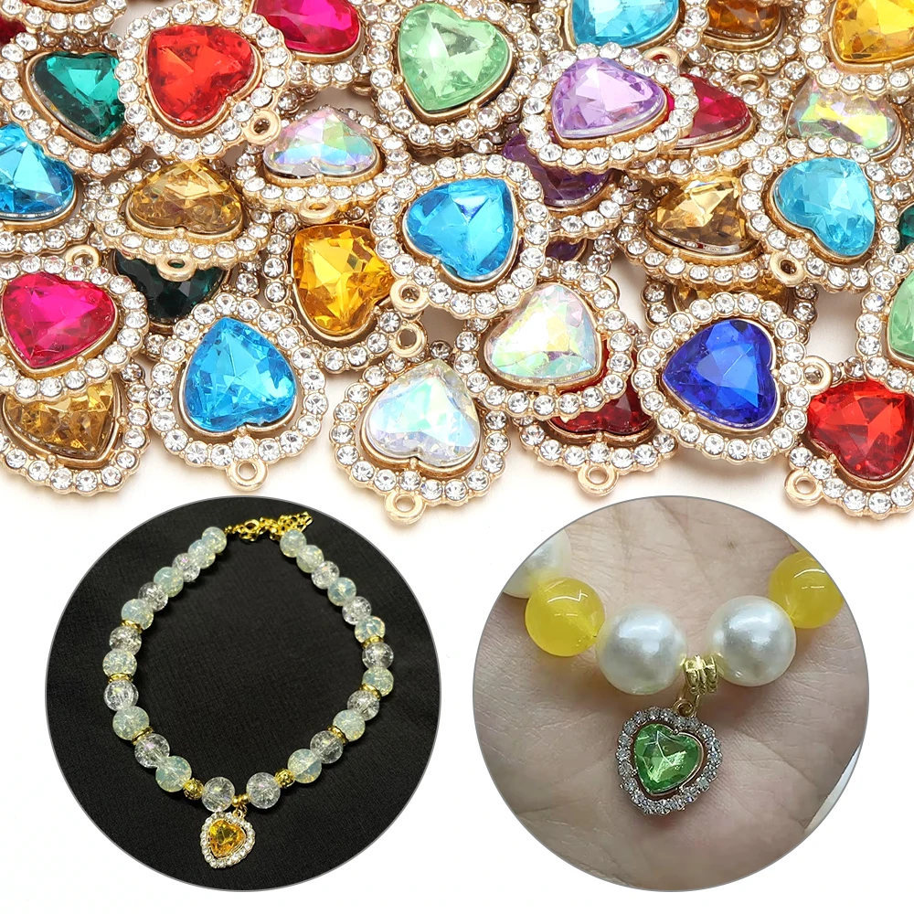 10Pcs Multicolor Crystal Love Heart Charms For Women Girls Jewelry Making DIY Sweet Romantic Love Heart Pendant Necklace Crafts view 5