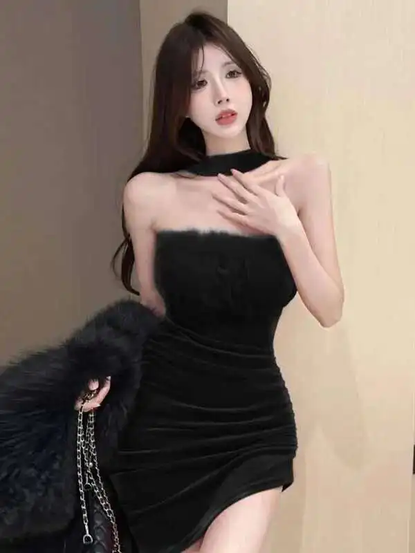 حار 2024 الصيف فتاة حمالة الفراء المرقعة الصلبة مثير فستان محكم التفصيل المرأة Cinching الخصر التفاف الورك سليم فستان قصير TUHH