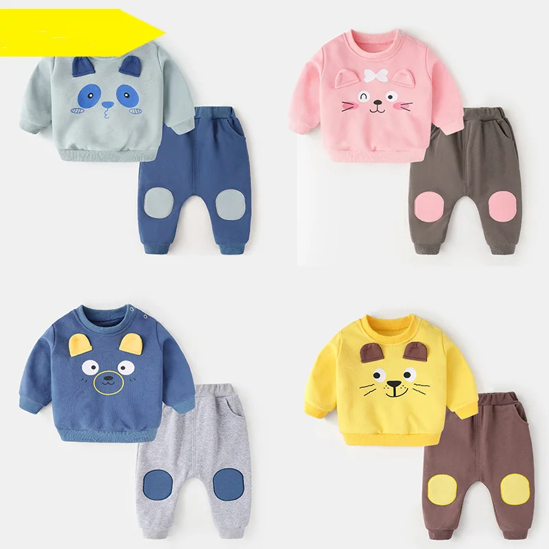 Toddler Baby Boy 2PCS Clothes Set Cotton Ears Cartoon Kid Girl Sweatshirt Outfits Ins Patchwork Jogger Pant Infant Boy Tracksuit