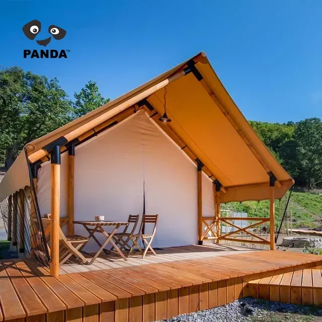 Wodoodporny odkryty luksusowy hotel Living Resort Lodge Niestandardowe bawełniane płótno Domy Drewno Safari Glamping Z łazienkowymi namiotami Safari