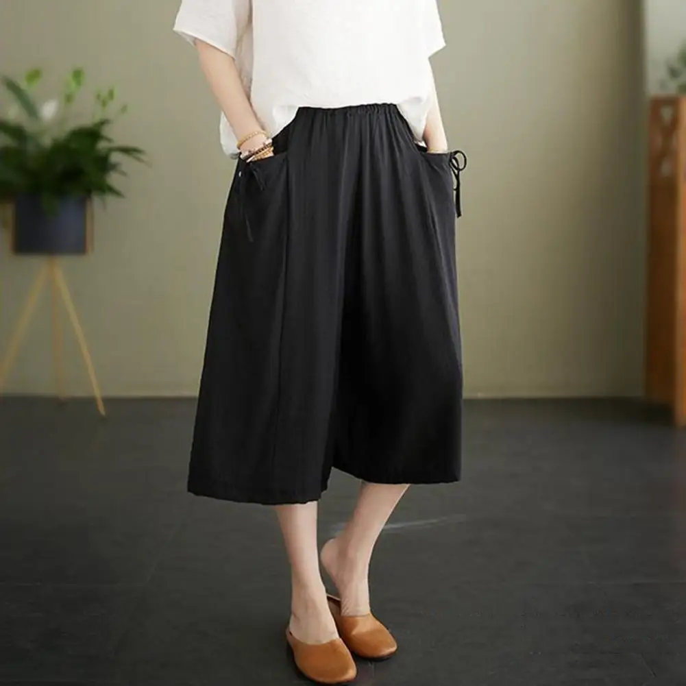 

Cropped Trousers Stylish Women's Wide Leg Cropped Pants with Elastic Waist Pockets Casual Loose Fit Slacks for Summer Fashion