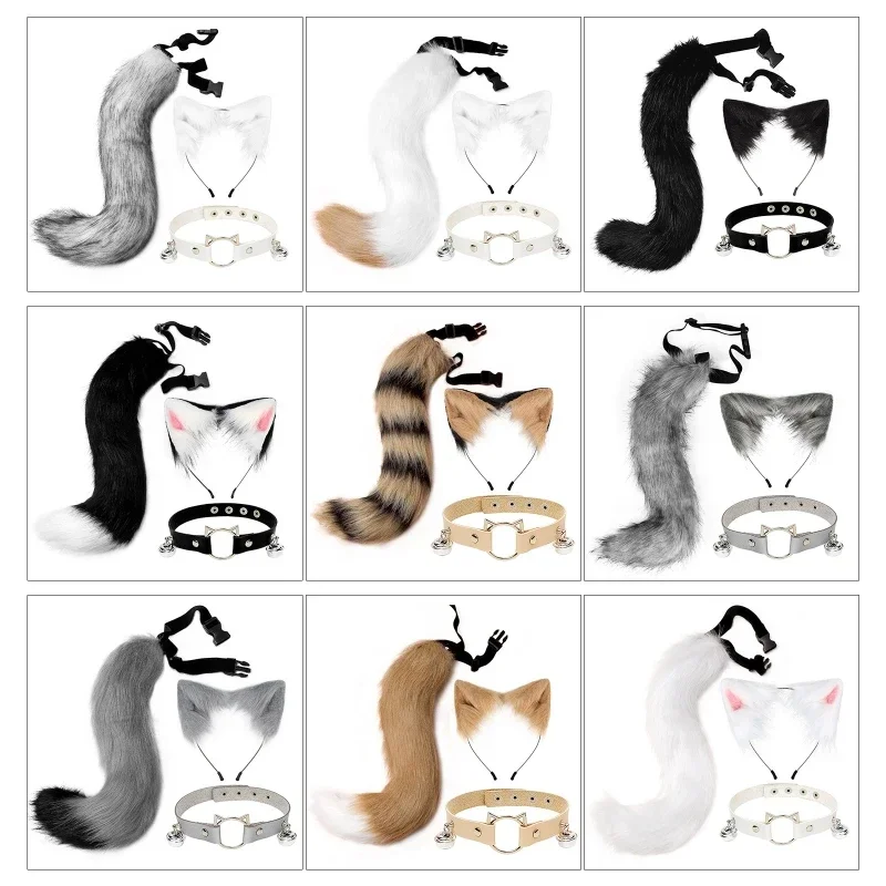 Faux Fur Kitten Wolf Long Tail Ears Hair Clips and Faux Leather Neck Collar Choker Set Halloween Party Cosplay costume