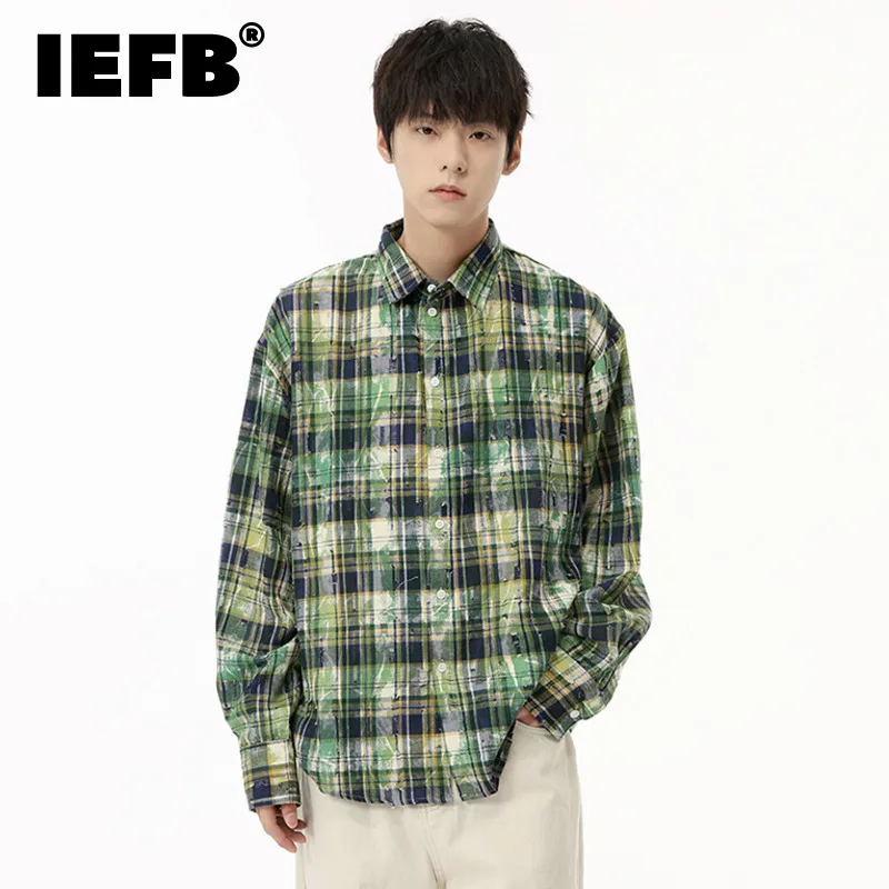 

IEFB New Fashion Men's Shirt Plaid Contrast Color Lapel Long Sleeve Casual Menwear Single Breasted Male Tops Niche Design 9C6841