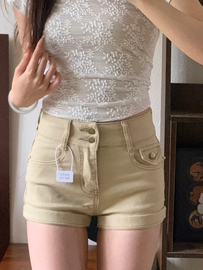 

American Retro Khaki High Waist Jeans Shorts Women Summer Slimming Straight Leg Hot Pants High Waist Flip Button Detail