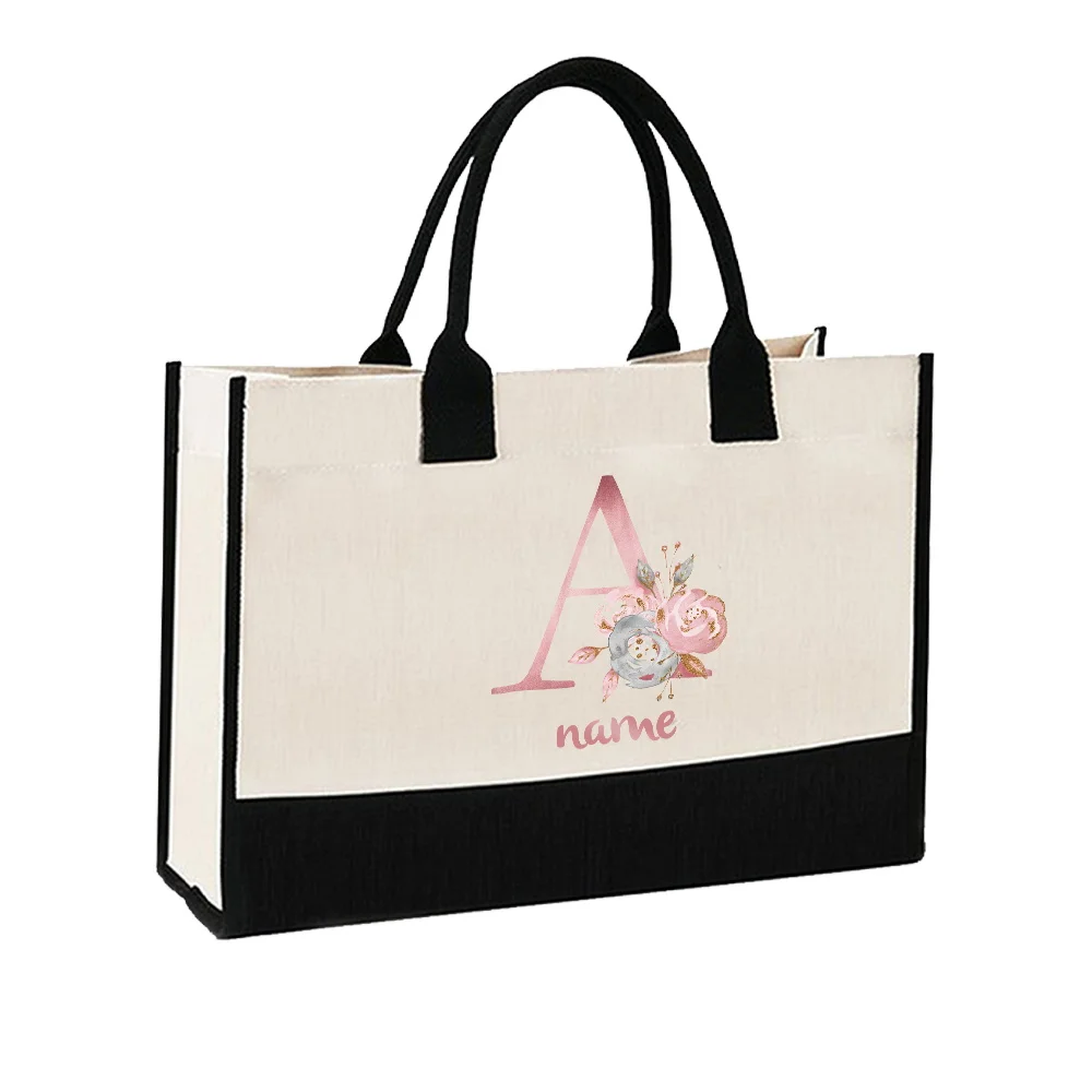 Customizable Name Retro Shopping Bag White Linen Handbag Casual Shoulder Bag Eco Friendly Storage Bag Pink Letter Series