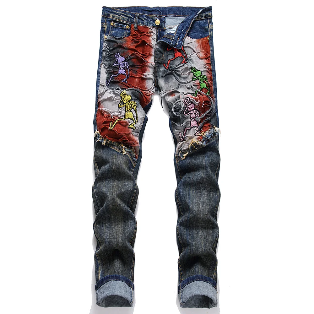 

Men Skull Embroidery Denim Jeans Streetwear Devil Ripped Patch Stretch Pants Distressed Blue Slim Straight Trousers