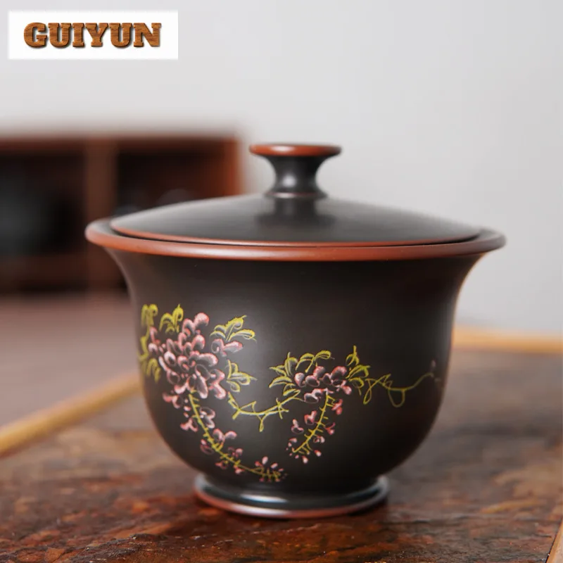 

180ml Antique Qinzhou Nixing Pottery Gaiwan Handmade Engraving Wisteria Flower Tea Tureen Tea Maker Cover Bowl Teaset Decoration