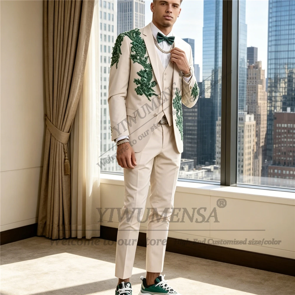 Exclusive Suits Men For Wedding Sparkly Beading Appliques Prom Blazer Customized 2 Piece Sets Groom Tuxedos Slim Fit Ropa Hombre