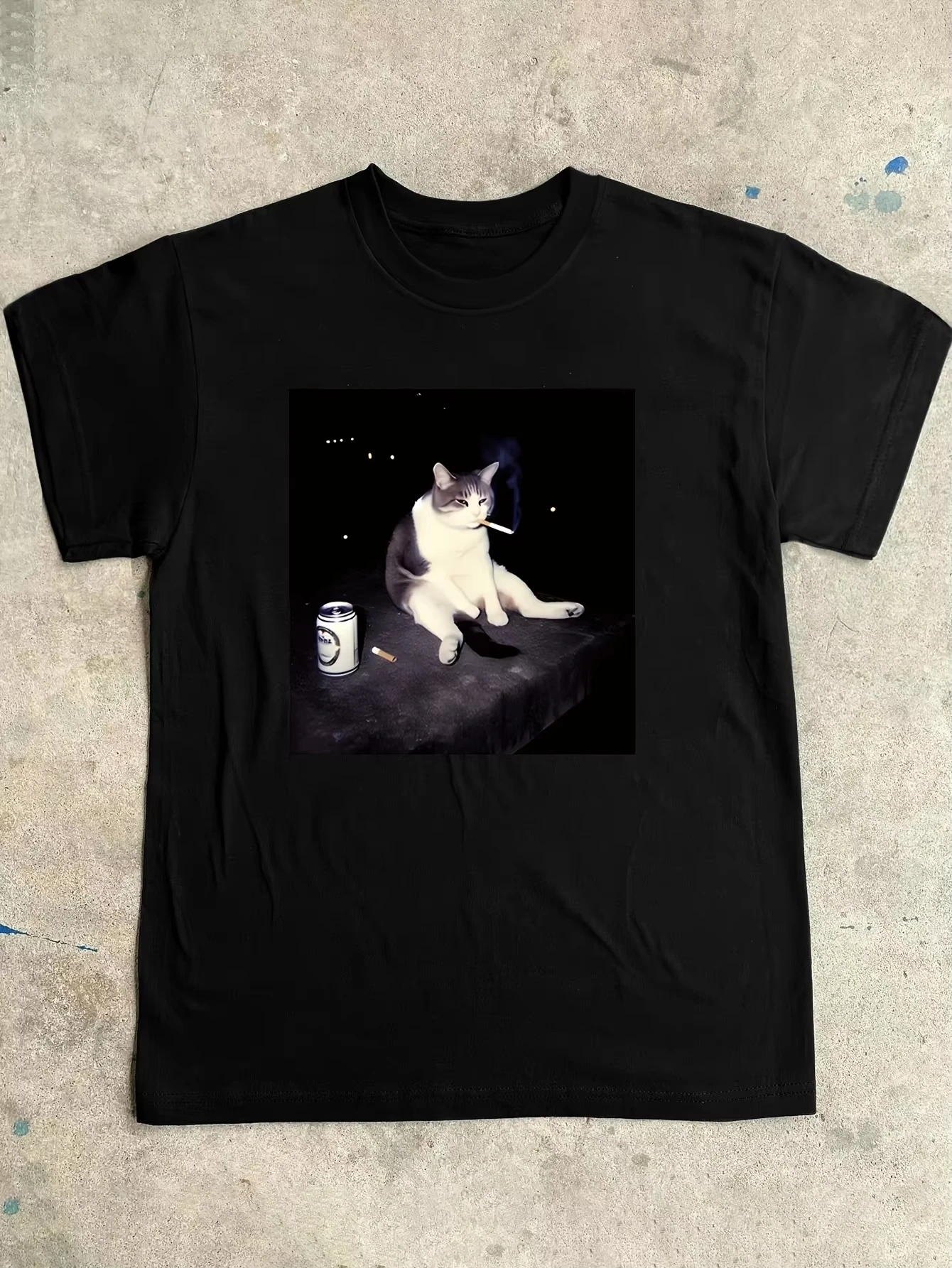 

Mens Womens Funny Smoking Cat Graphic T-Shirt Black T-Shirt Soft Everyday Shirt Casual Tops Perfect for Party Wear andLoungewear