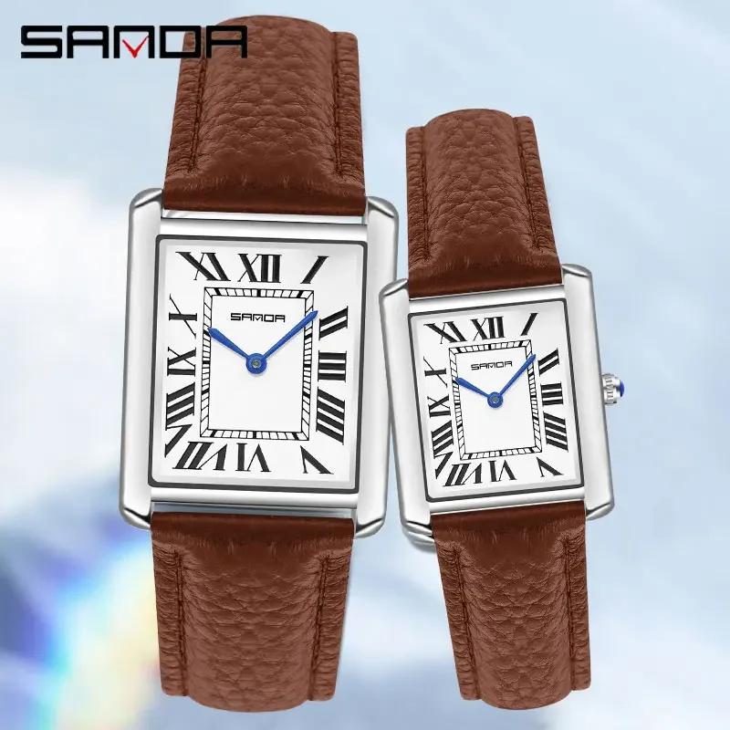 SANDA Couple Quartz Watch Waterproof Casual Fashion Women Men Watches Wear Resistant Leather Strap Square Dial Design Lover Gift