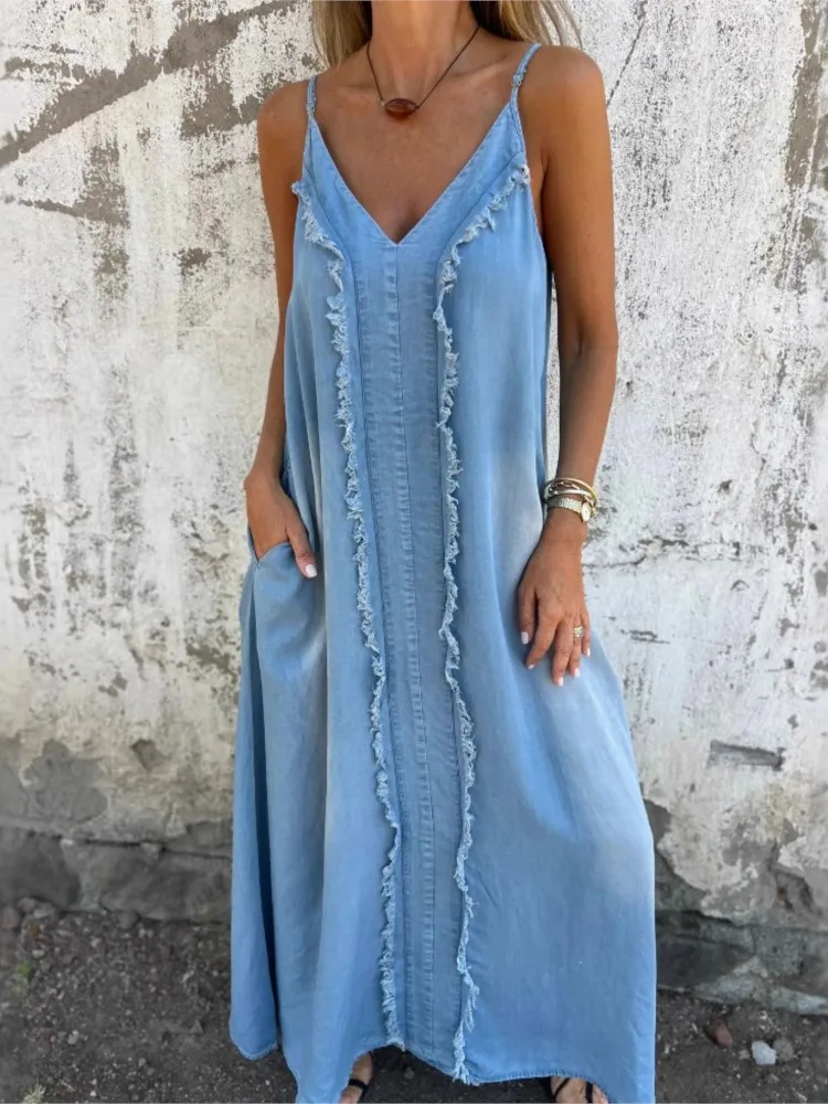 

New Dresses For Woman Sexy Temperament Vestidos Deep V-neck Suspender Denim Dress Backless Robe Solid Color Simple Style Casual