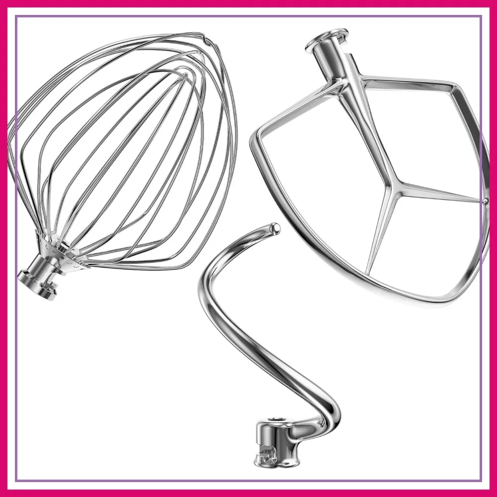 

3-Piece Stainless Steel Mixer Attachments: Flat Beater, Dough Hook, 9-Wire Whip for 7QT Lift Stand Mixers, Dishwasher Safe