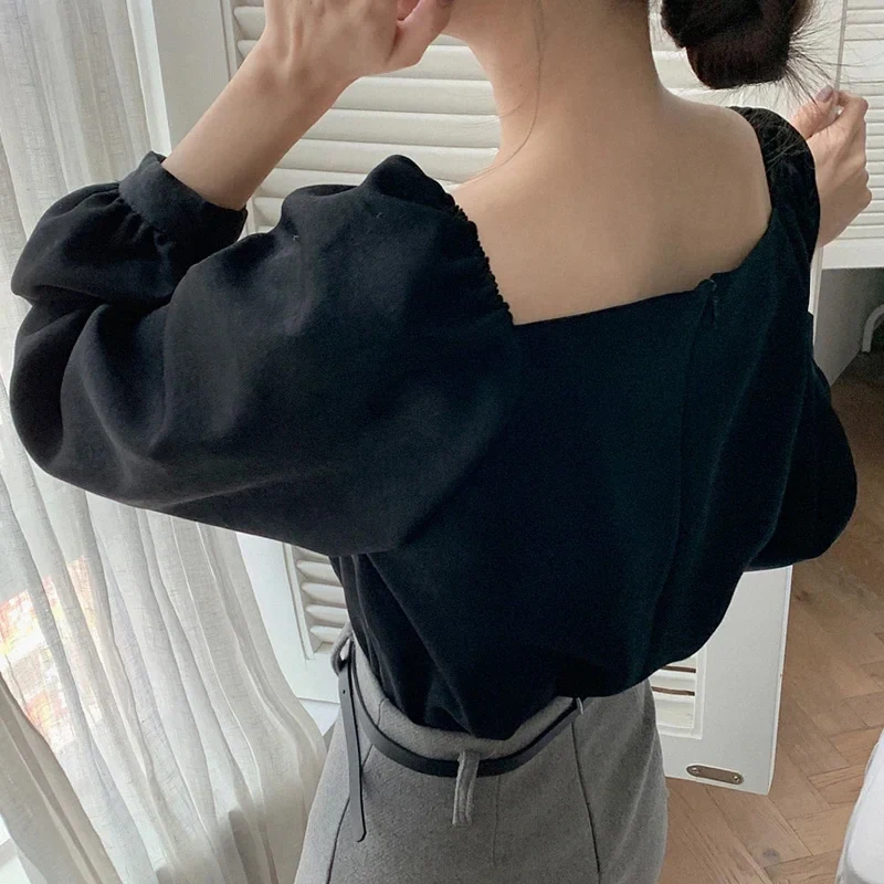 New Petal Collar Long Sleeve Black Blouse Korean Style Vintage Women Shirt Sexy Clavicle Ladies Elegant Tops Blusas Mujer 13101