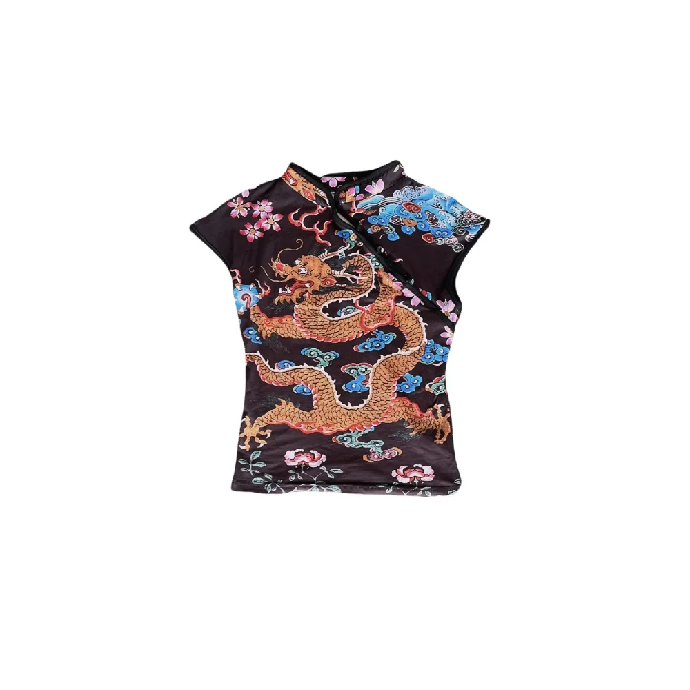Y2K wasteland style black qipao style mesh top with dragon and floral print, slim fit and slimming street trend top