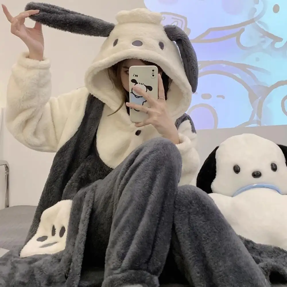 

Anime Pochacco Plush Pajamas Set for Women Autumn Winter Warm Thickened Coral Velvet Nightgown Cartoon Cute Home Clothing Set