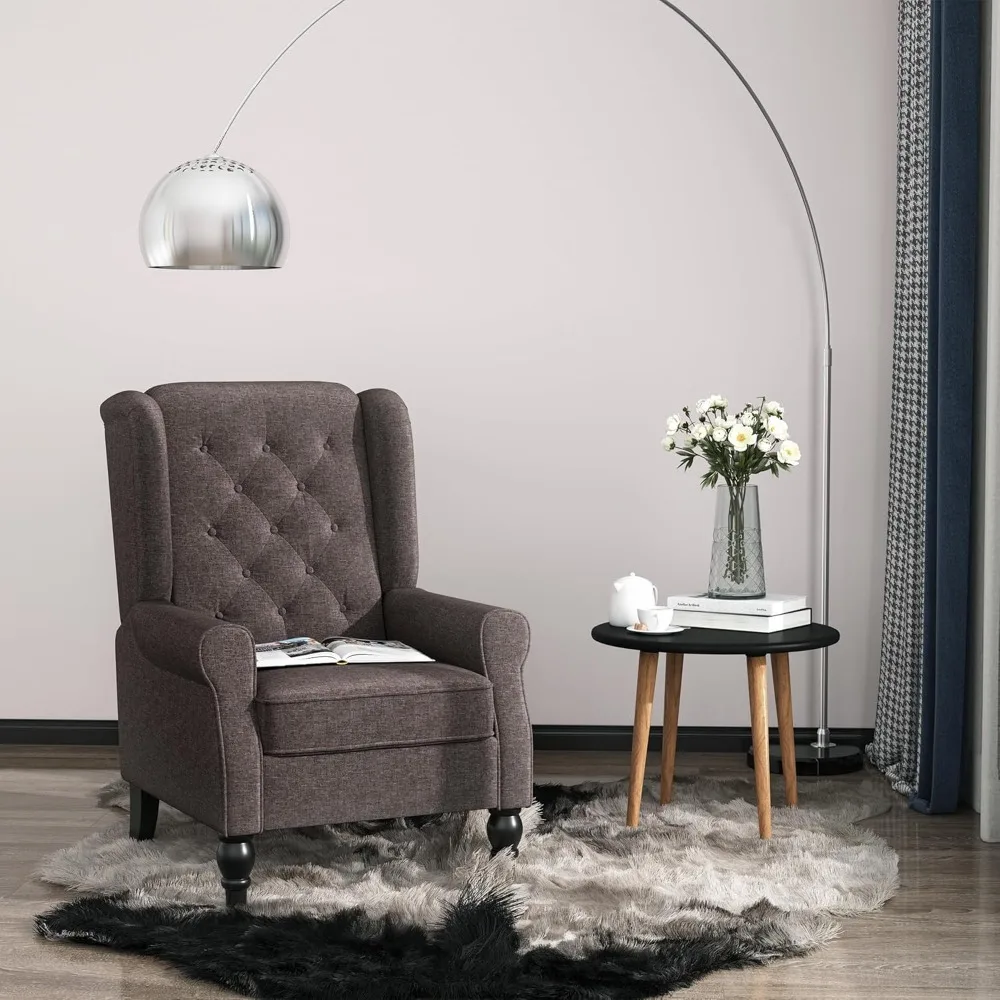 Mid-Century Modern Accent Chair, High Wingback Chair, Button-Tufted Upholstered Fabric Armchair with Retro Wood Legs for