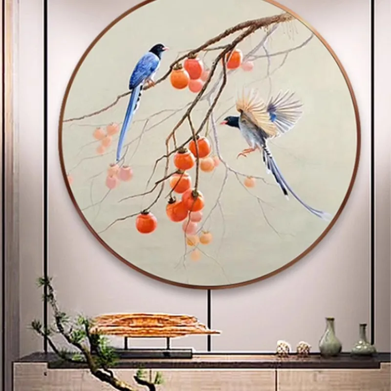 

Handmade Painting Modern Minimalist Lucky Persimmon Bird Feng Circular Hanging New Chinese Living Room Decorative