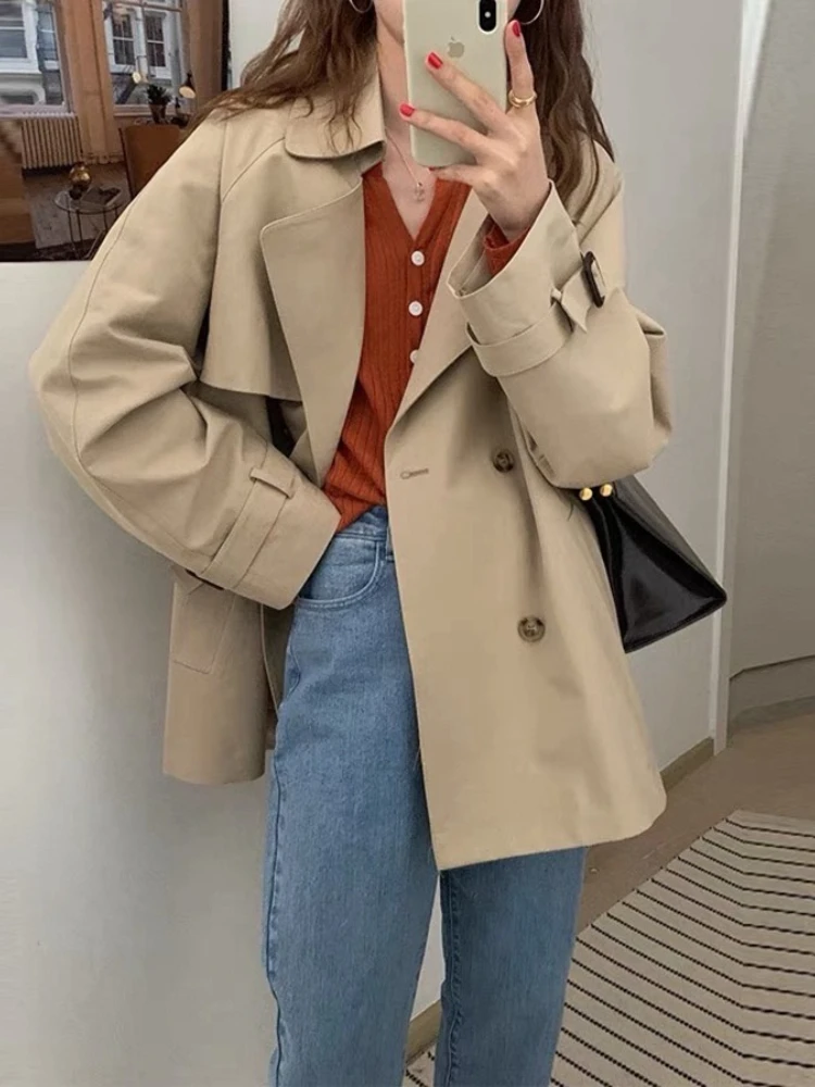 

Onecozyday 2025 Spring Autumn New Short Trench Coat for Women Solid Color Lapel Collar Long Sleeves Loose Fit Jacket Outerwears