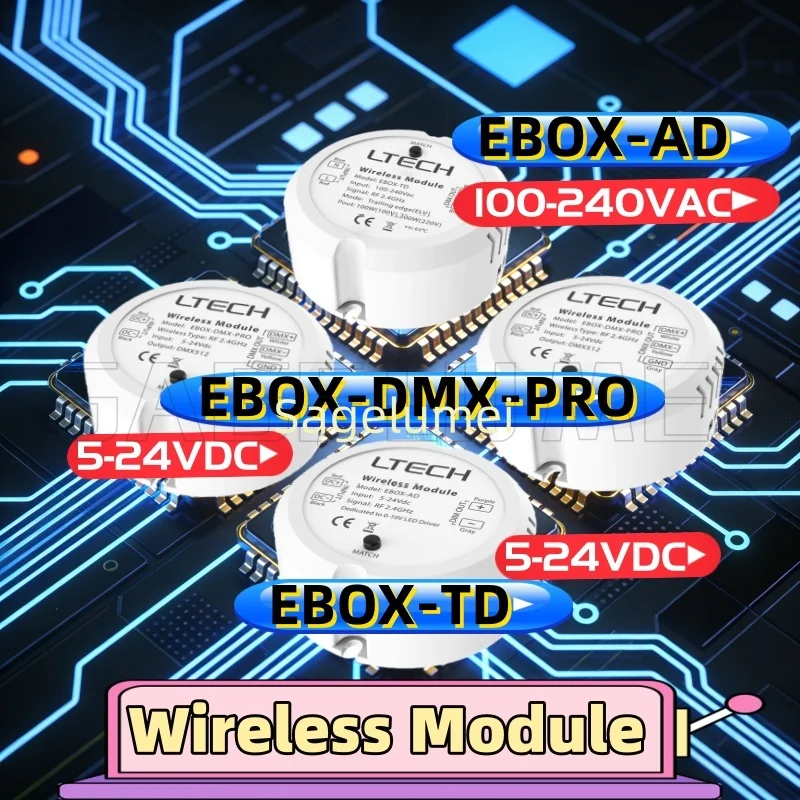

Беспроводной модуль LTECH EBOX-TD/AD/DMX-PRO AC100-240V DC5-24V, контроллер DMX512 с диммером 10V PWM для ламп накаливания и диммируемых светильников