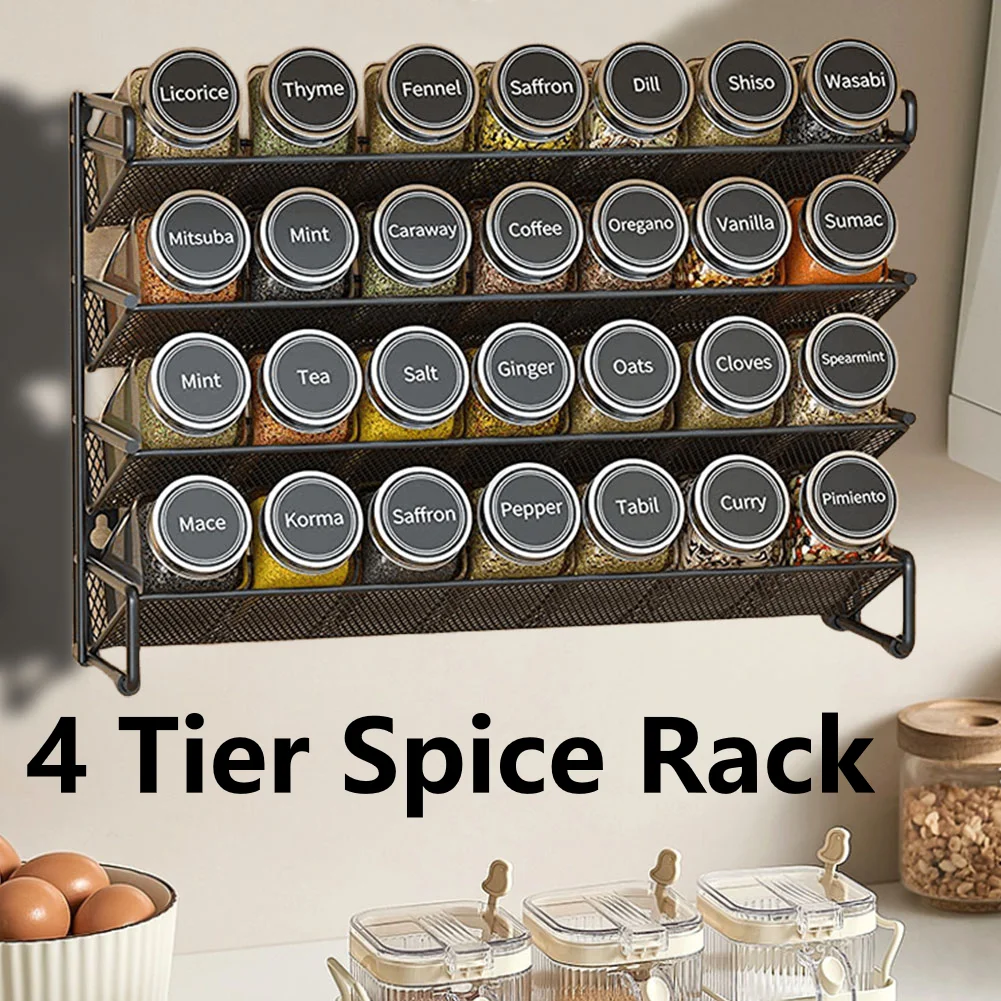 

4 Tier Spice Rack Organizer Metal Seasoning Hanging Holder Wall-Mounted Space-Saving Shelf Spice Jar Storage for Kitchen Cabinet