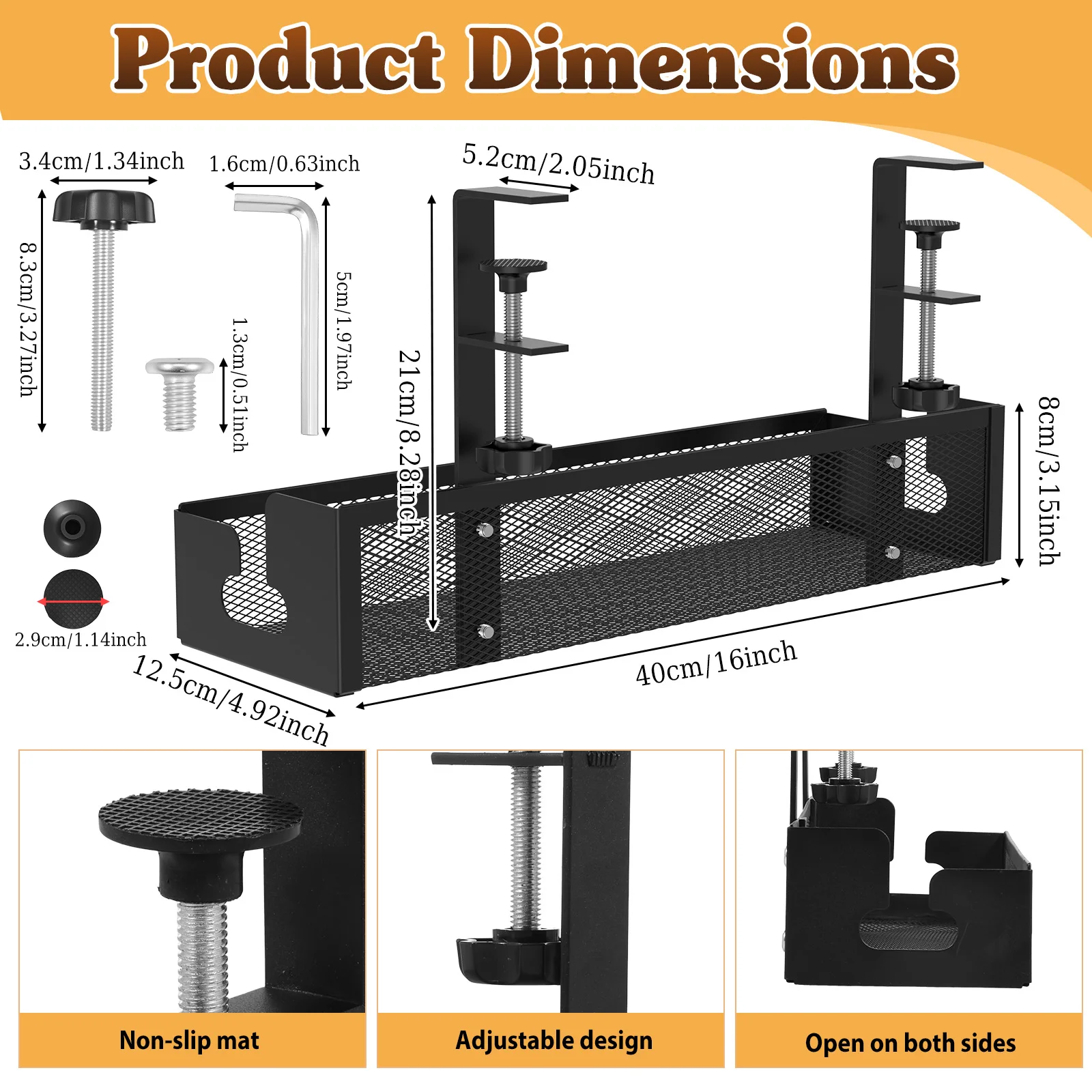 Under Desk Cable Management Tray No Drill Clamp On Metal Mesh Power Board Organizer Fits Desks Up to 2 Inches Thick Black