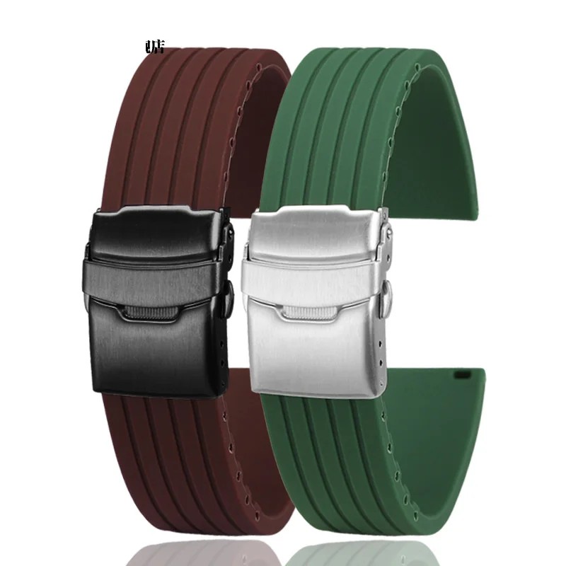 Silicone watchstrap For Mido helmsman Rolex Daytona black green water ghost safety buckle men's Universal flat mouth watch chain
