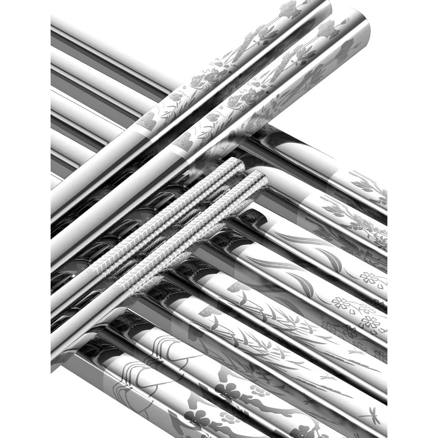 عيدان تناول الطعام المعدنية القابلة لإعادة الاستخدام 18 8 عيدان تناول الطعام من الفولاذ المقاوم للصدأ 5 أزواج تصميم زهور شرقية كلاسيكية آمنة للاستخدام في غسالة الأطباق وخفيفة الوزن #2