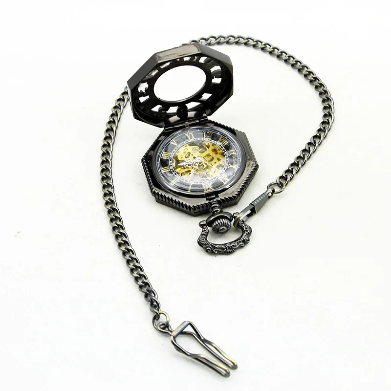 Black Hollow Fob Chain Zeshoekig Mechanisch Zakhorloge Mannen en Vrouwen Dame Horloges Heren Vintage Geschenken relojes de bolsillo