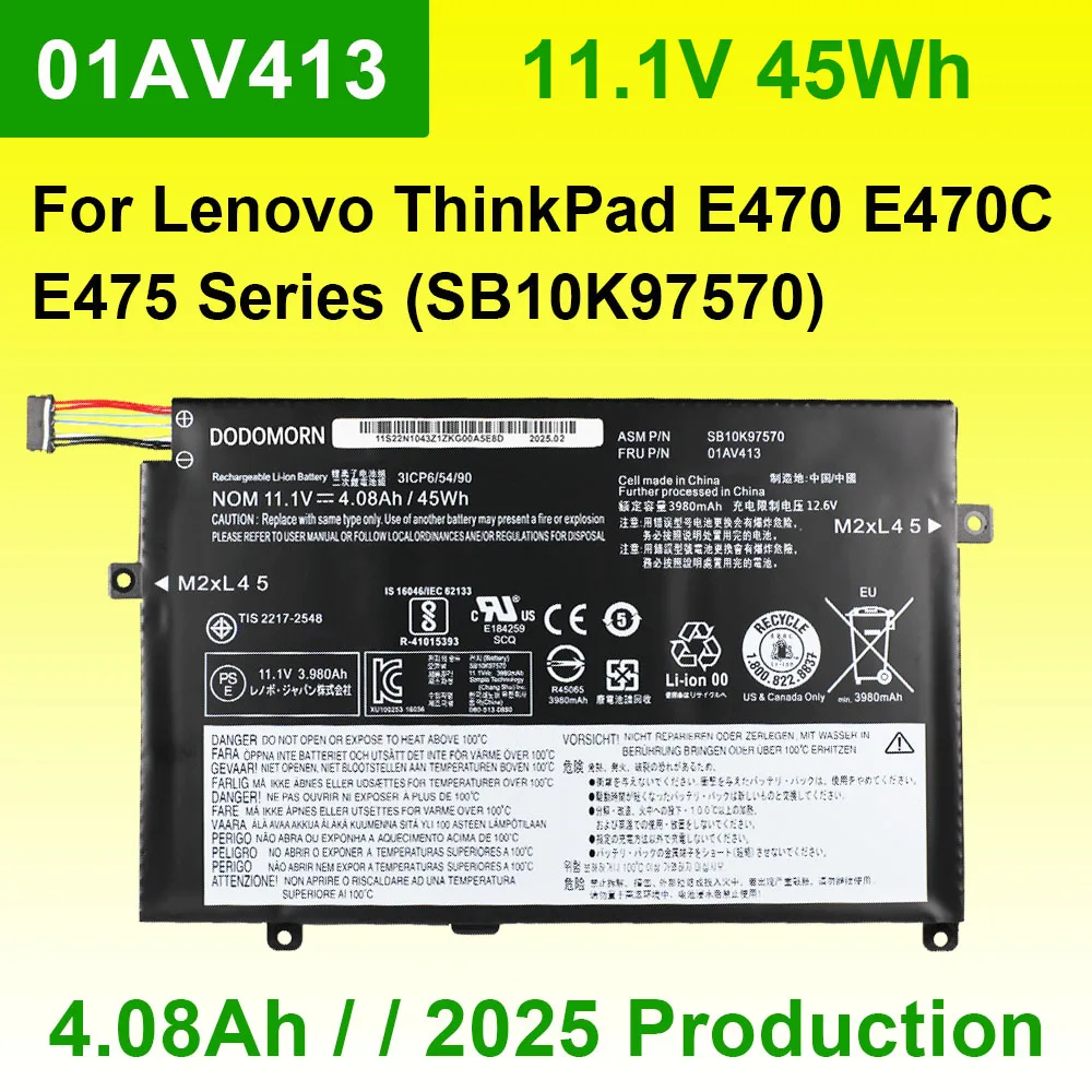 

11.1V 45Wh 01AV413 Laptop Battery For Lenovo ThinkPad E470 E470C E475 Series 01AV411 01AV412 SB10K97568 SB10K97569 SB10K97570