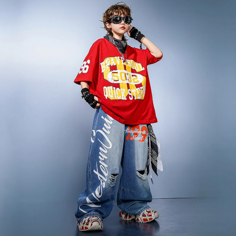 Roupas de dança de rua para meninos, verão, hip hop, camiseta vermelha, tops, calças jeans, roupas soltas de dança de rua, show de grupo, roupa de palco