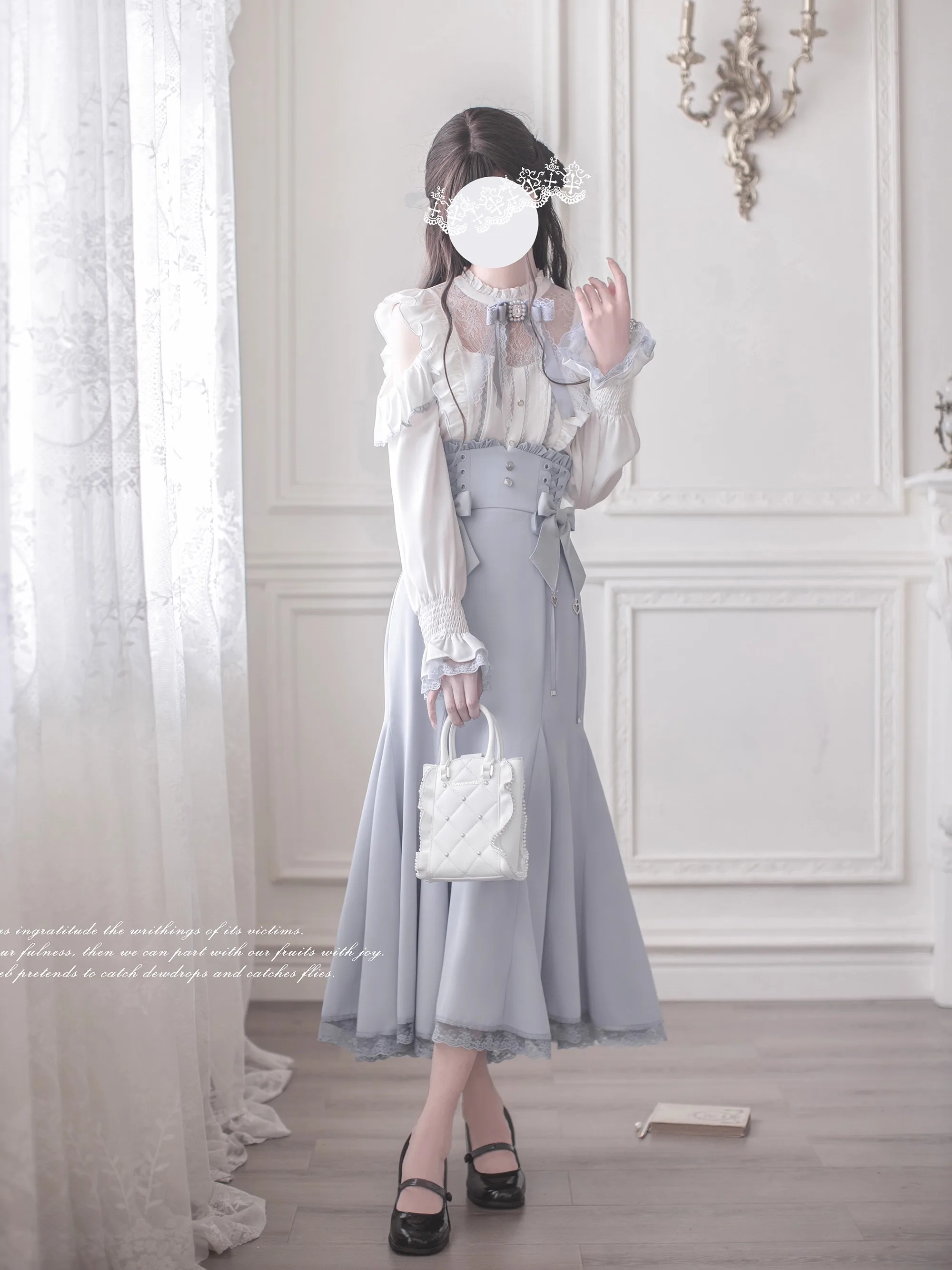 Japanese Style Watercolor Rojita Mass-Produced Elegant Mermaid Skirt Sweet Temperament Long Sleeved Shirt Single-Breasted Top