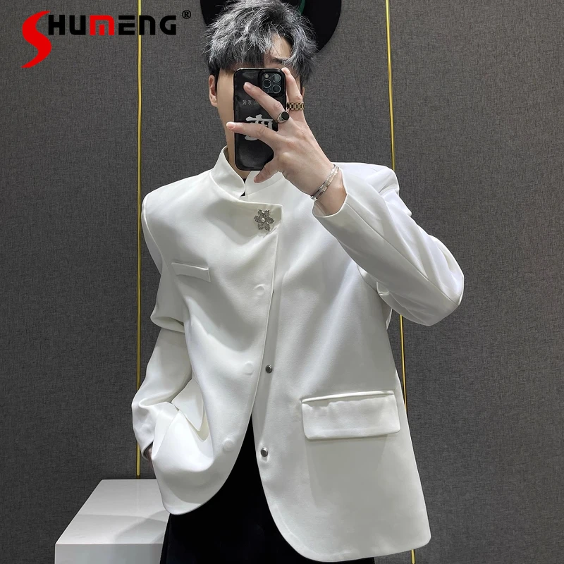 

Male Stand Collar Suit Jackets Men's Spring Autumn New High-end Short Style Shoulder Padded Blazers Trendy Male Solid Color Tops