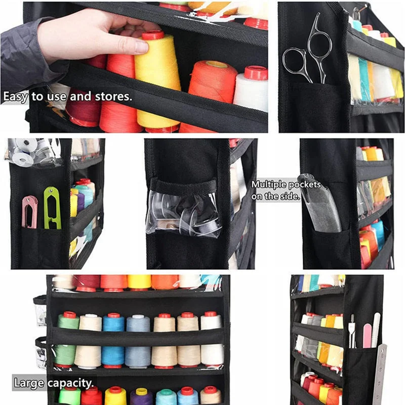 

T99C-Yarn Storage Organizer, Hanging 5 Tiers Crochet Bag Organizer With Clear Deep Pockets, Over The Door Design